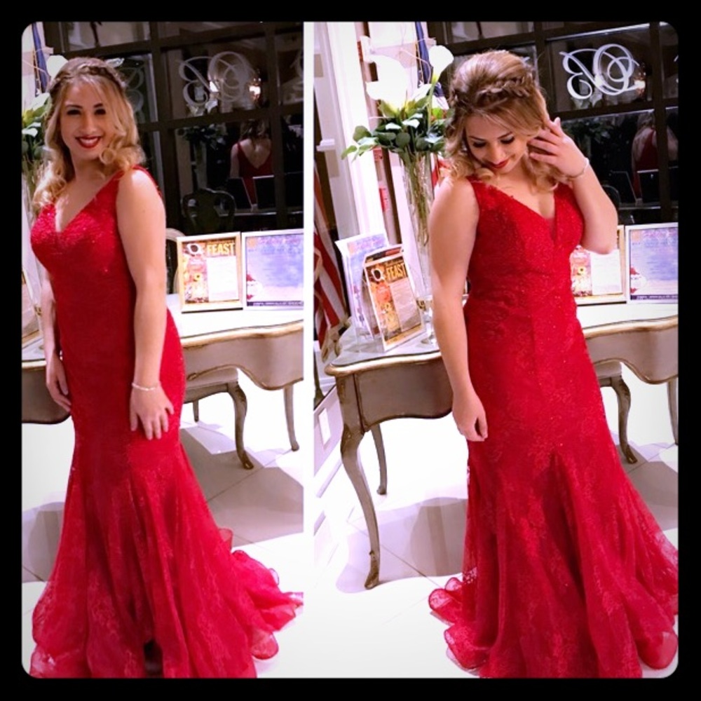 Mori Lee Red Lace Fit & Flare Dress - Picture 3 of 8